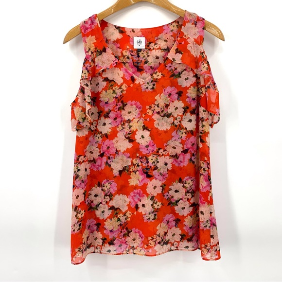 Cabi Lush Blouse # 5352, Hibiscus Floral Cold Shoulder Layered Blouse, Medium - Picture 13 of 17